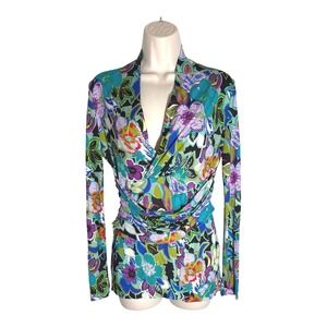 ETRO Floral Print Blouse Long Sleeve Wrap Top Blouse Gathered Waist IT 42 M/6 US